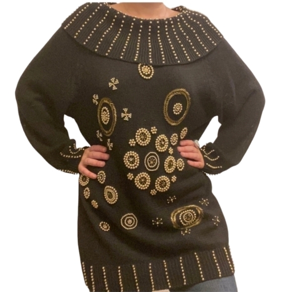Vtg 80s black knit gold beads "Dynasty" style cotton tunic cowl sweater sz S - Picture 14 of 16